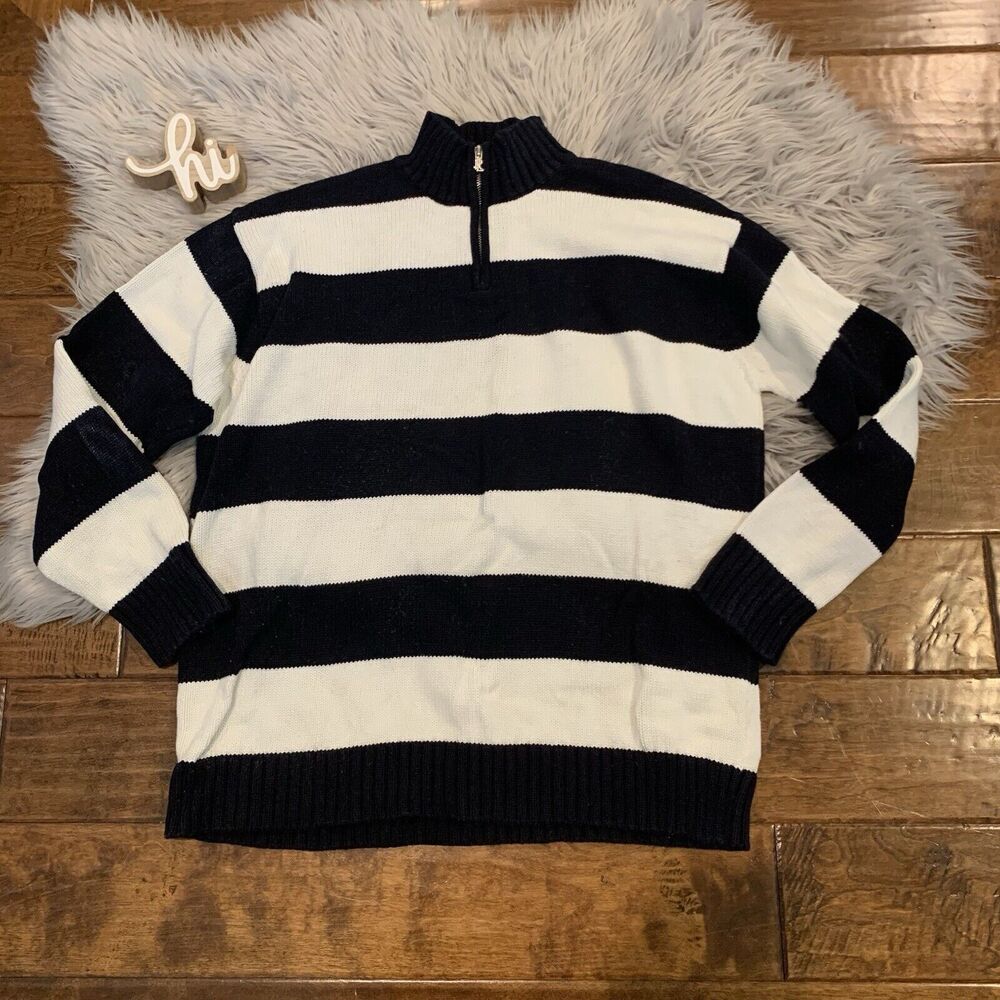 Lauren Ralph Lauren Sweater 1/4 Zip Striped Size Medium Petite Black White